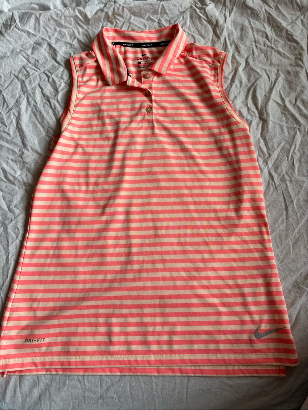Nike Coral and Cream Striped Sleeveless Dri-FIT Polo Top